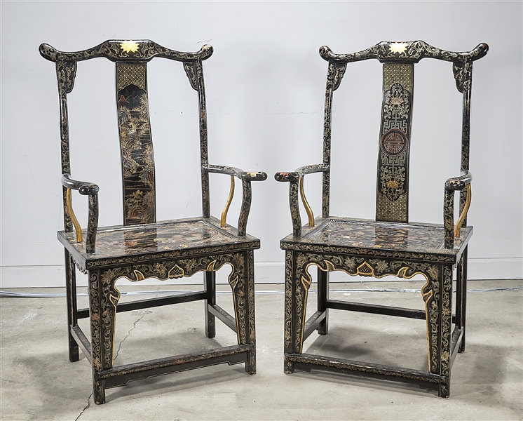 Two Chinese painted arm chairs;