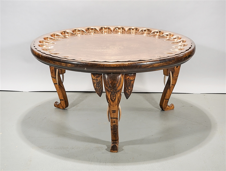 Embossed copper top wood table,