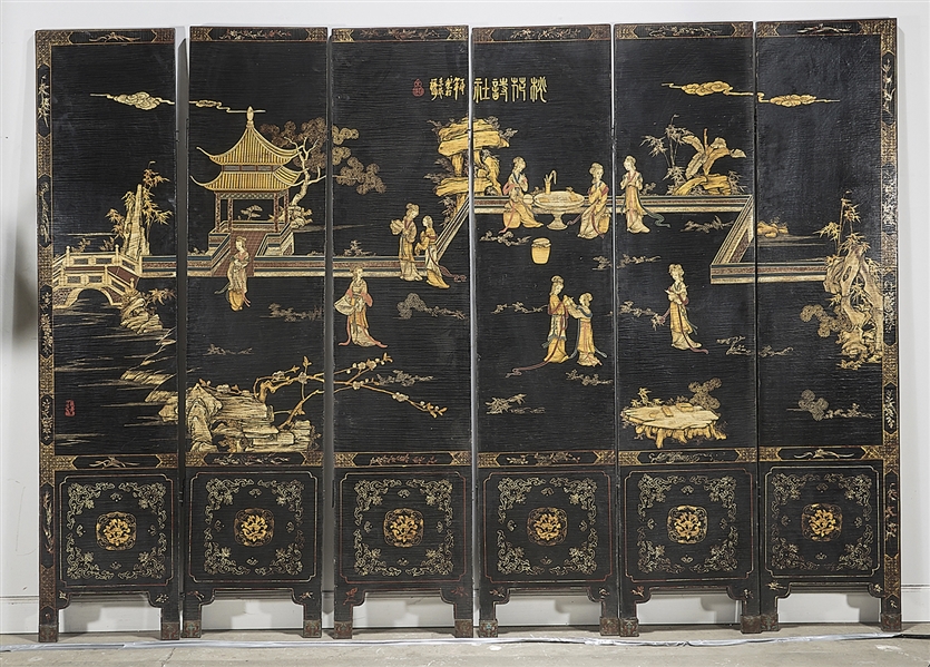 Chinese panted six panel wood screen;