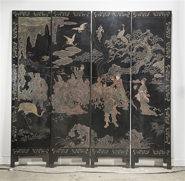 Chinese carved and painted four-panel