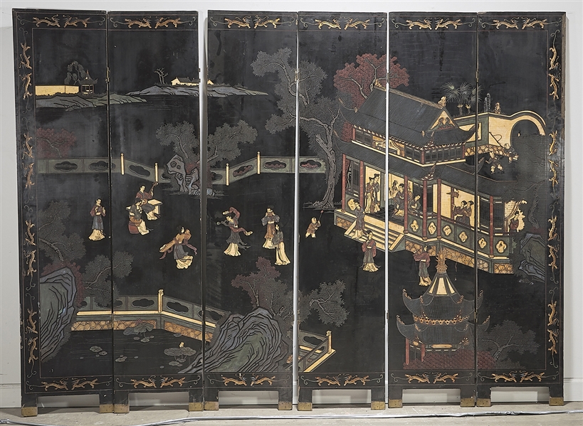 Chinese six-panel carved and painted