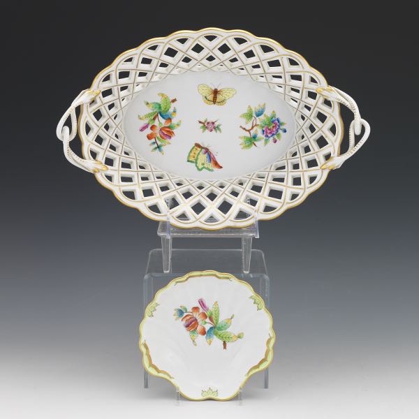 HEREND BASKET AND SHELL DISH, "QUEEN