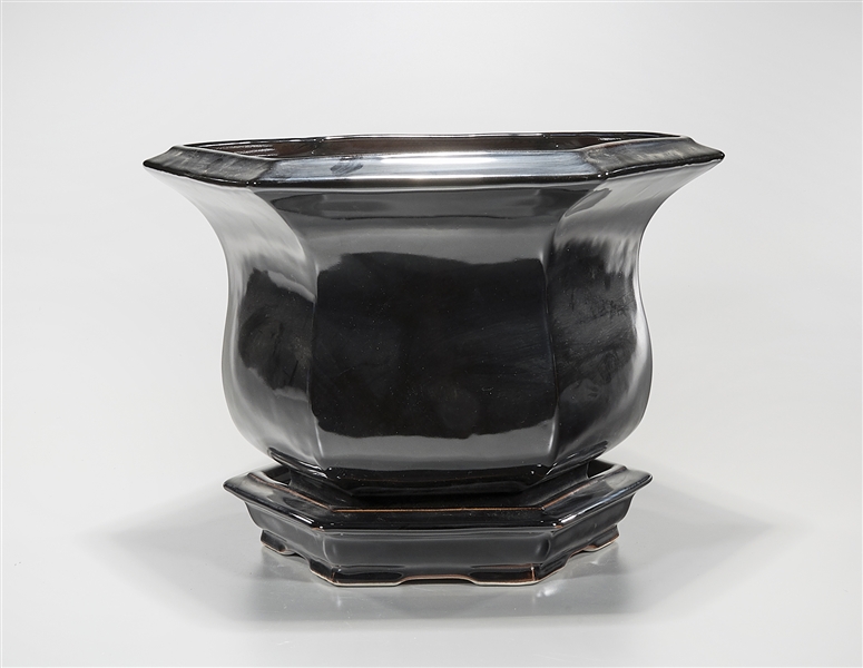 Chinese black glazed hexagonal planter;