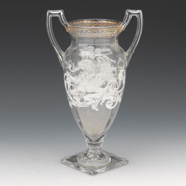 AMERICAN GLASS VASE WITH GRIFFIN