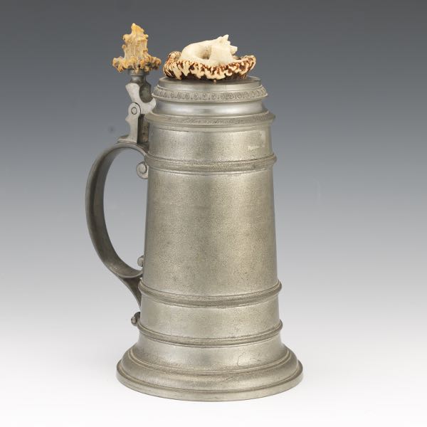 GERMAN PEWTER AND CARVED ANTLER STEIN,