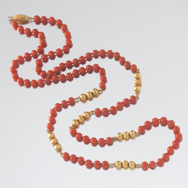 CORAL AND GOLD NECKLACE  30"L 