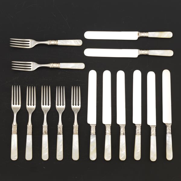 STERLING AND MOTHER OF PEARL FISH FORKS