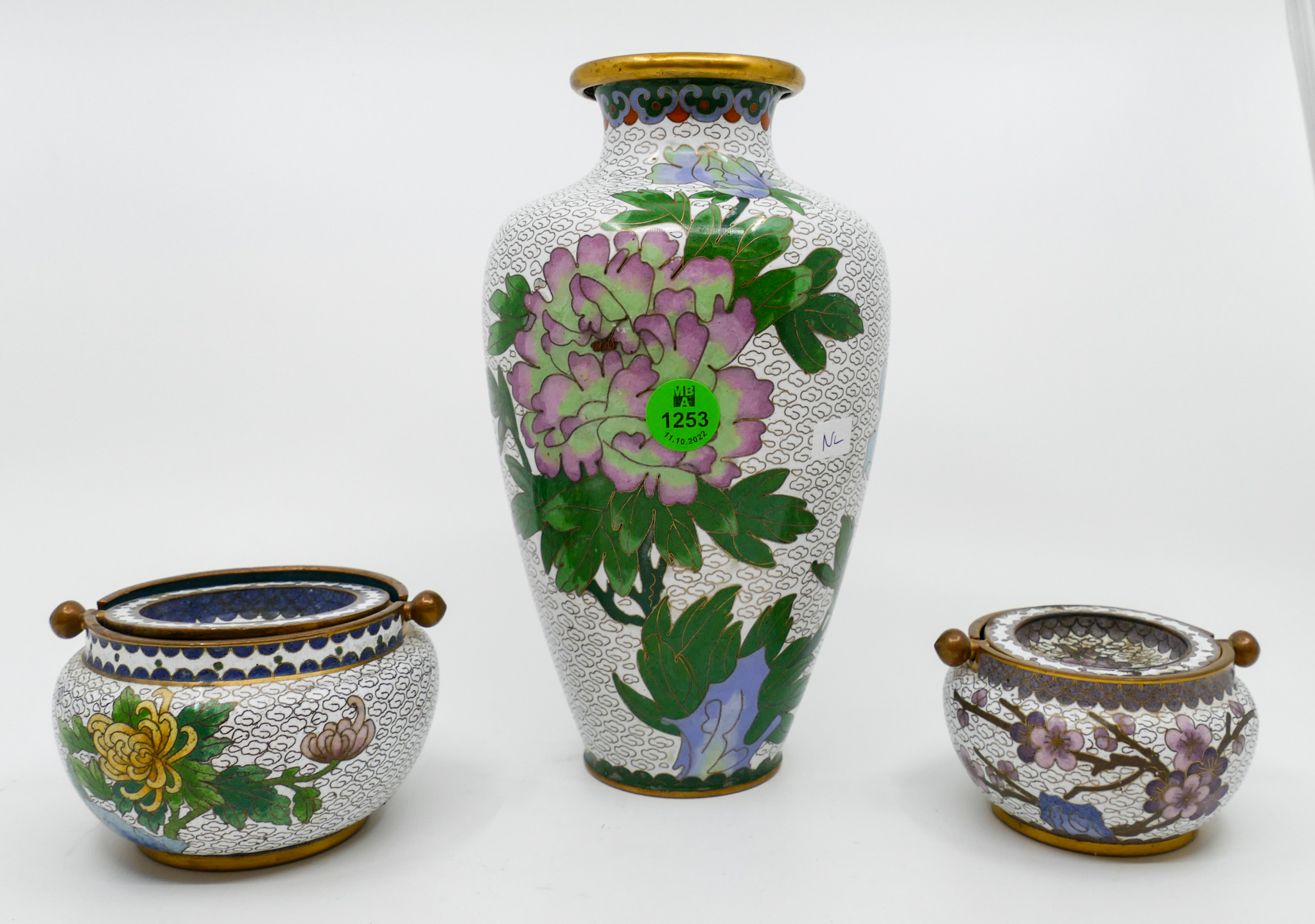 3pc Chinese Cloisonne Vase and