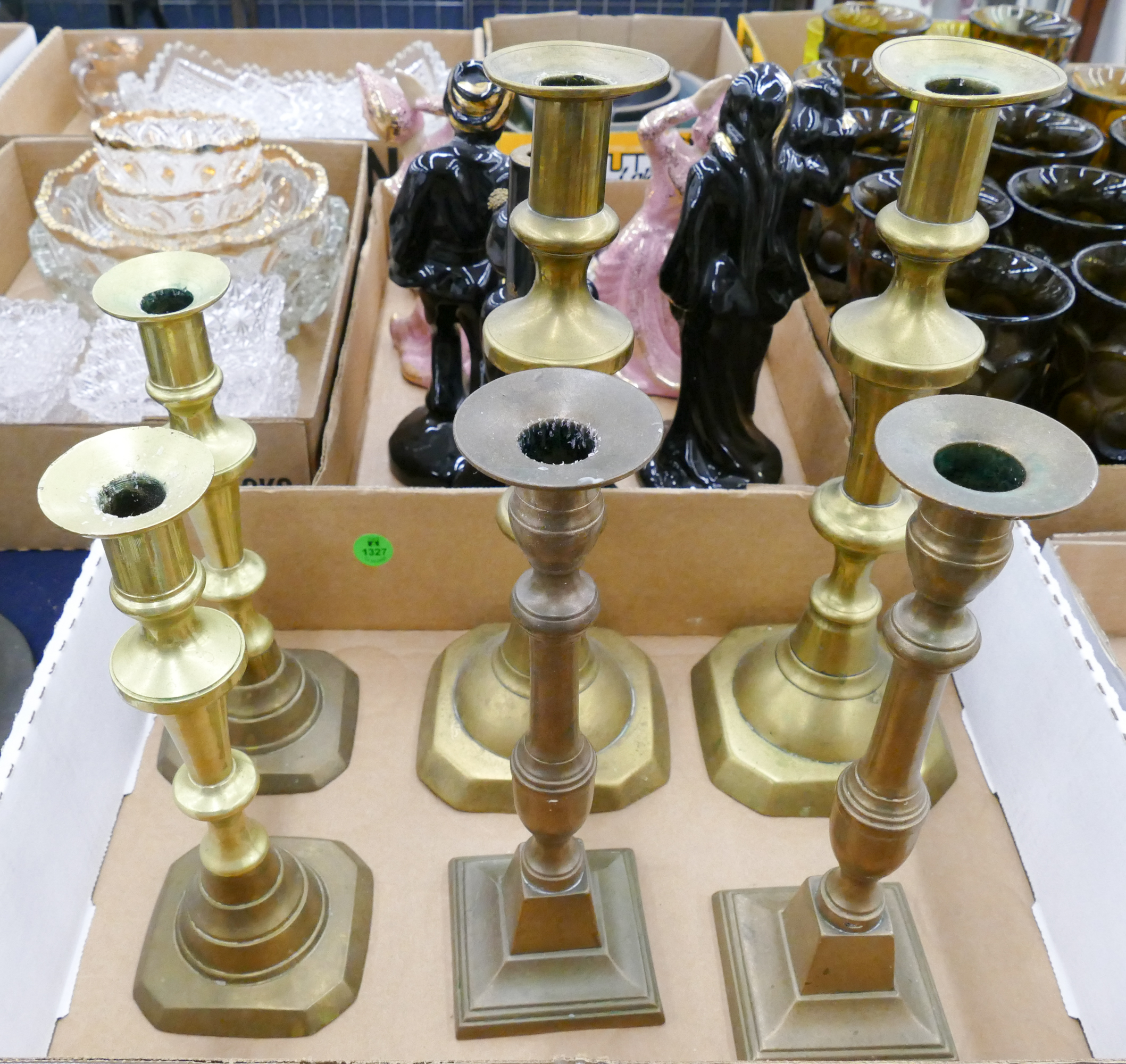 Box 3 Pairs Antique Brass Candlesticks-