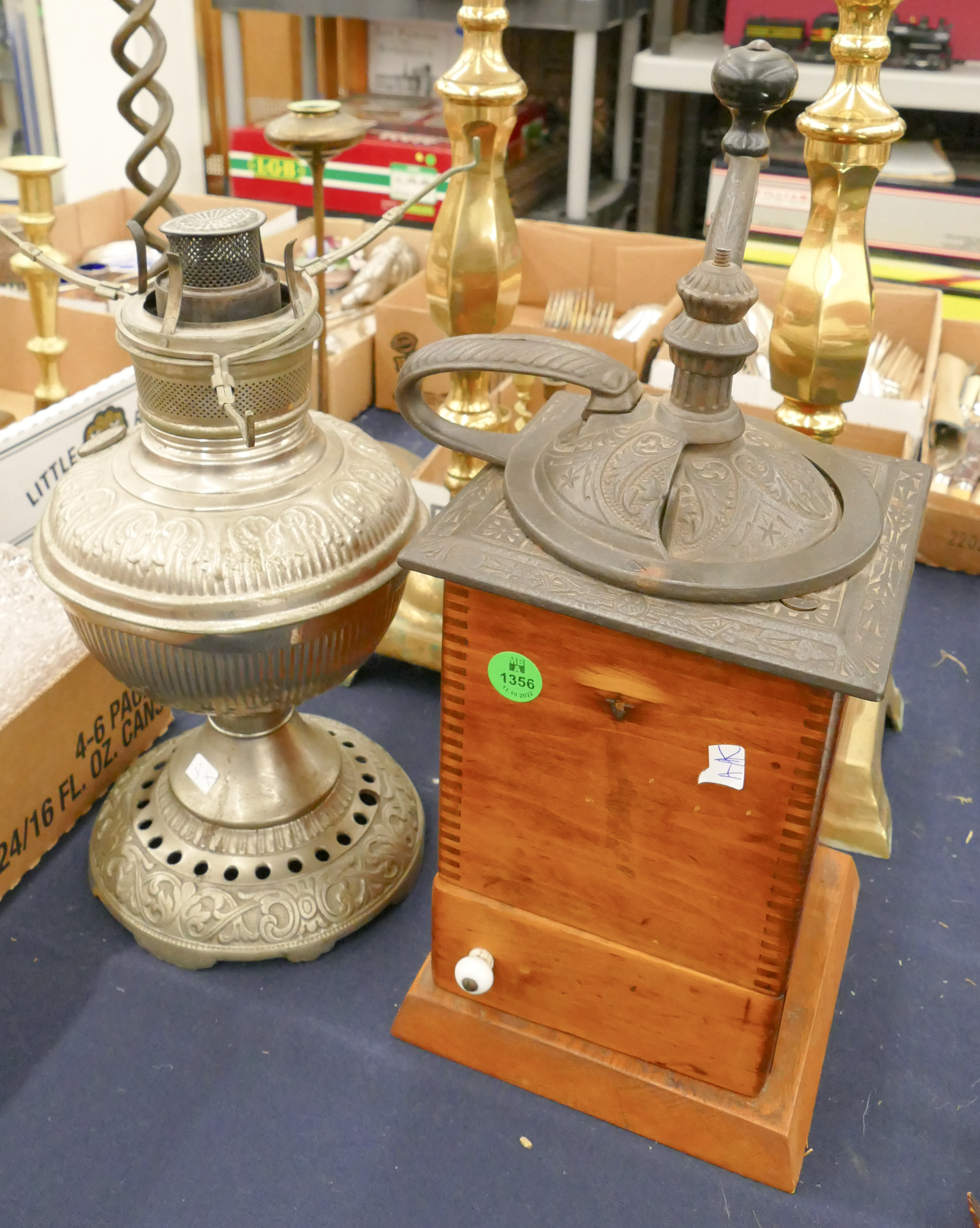 2pc Antique Coffee Grinder & Oil Lamp-