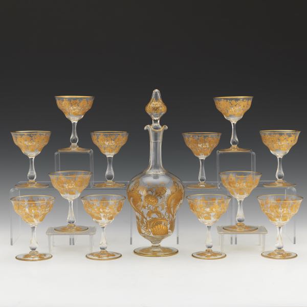 MOSER GILT RED WINE GLASSES WITH DECANTER,