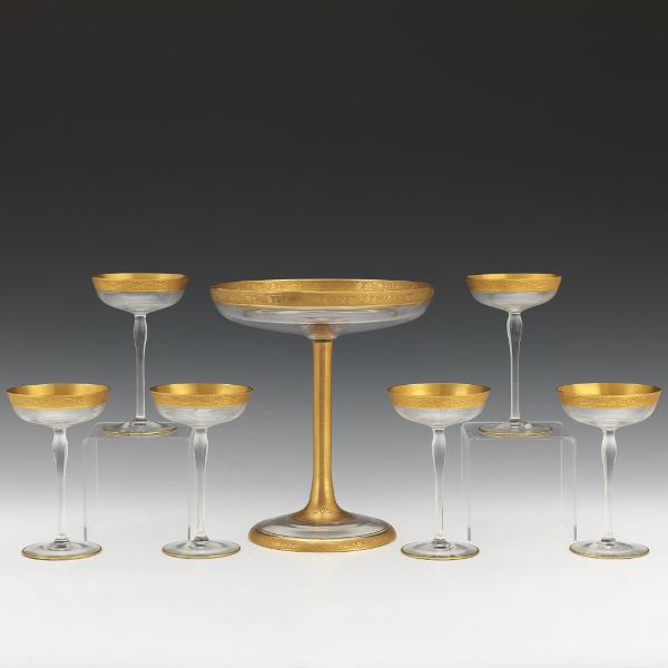 CRYSTAL CHAMPAGNE COUPES AND TAZZA