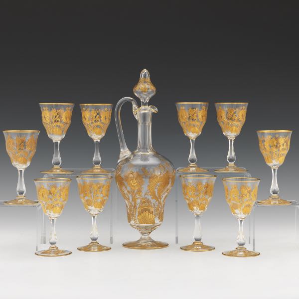 MOSER GILT WHITE WINE GLASSES WITH DECANTER,