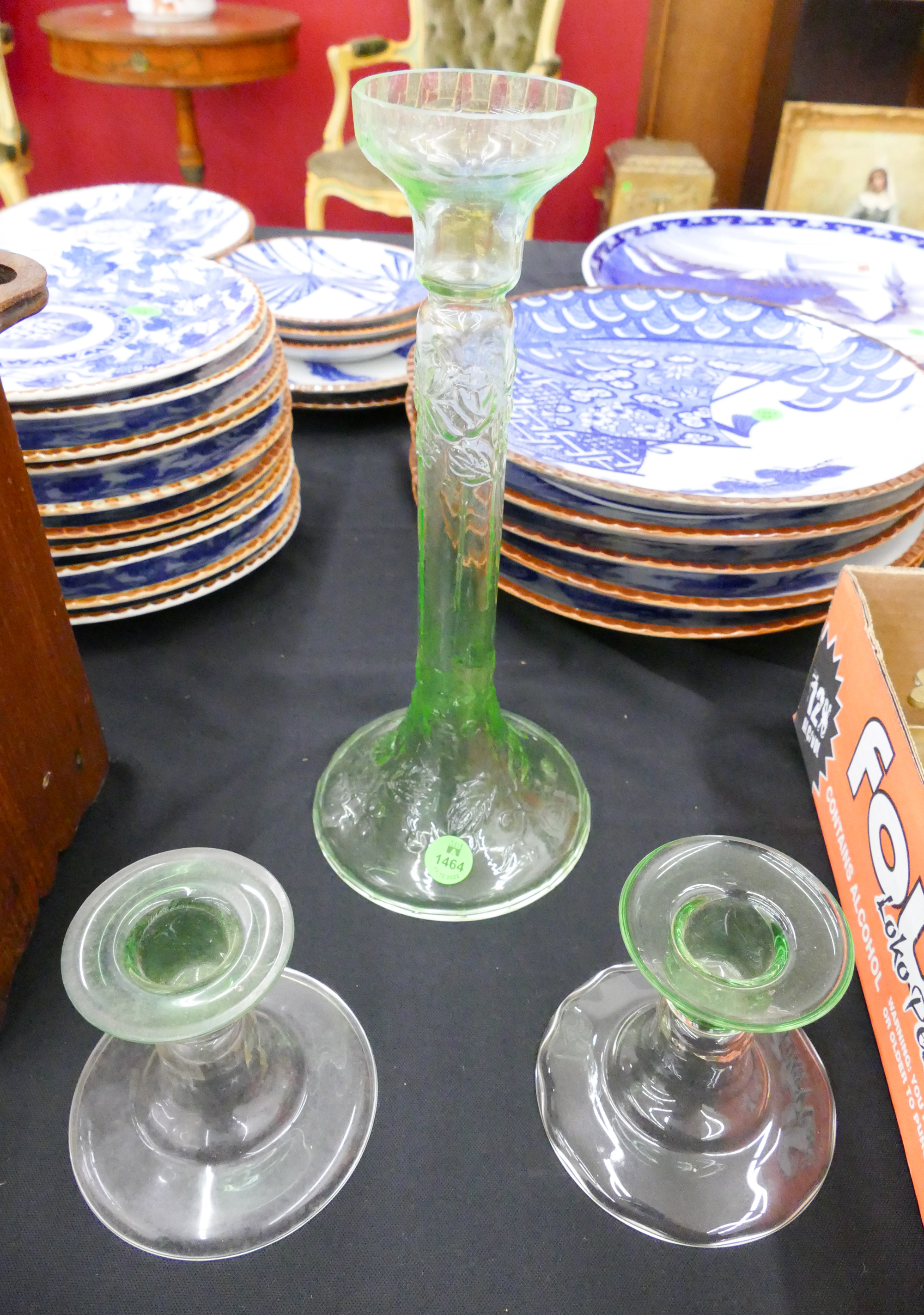 3pc Deco Green Glass Candlesticks-