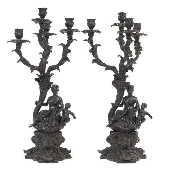 PAIR OF BRONZE FIGURAL CANDELABRA