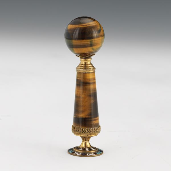 CARVED TIGER EYE, BRONZE AND CHAMPLEVE