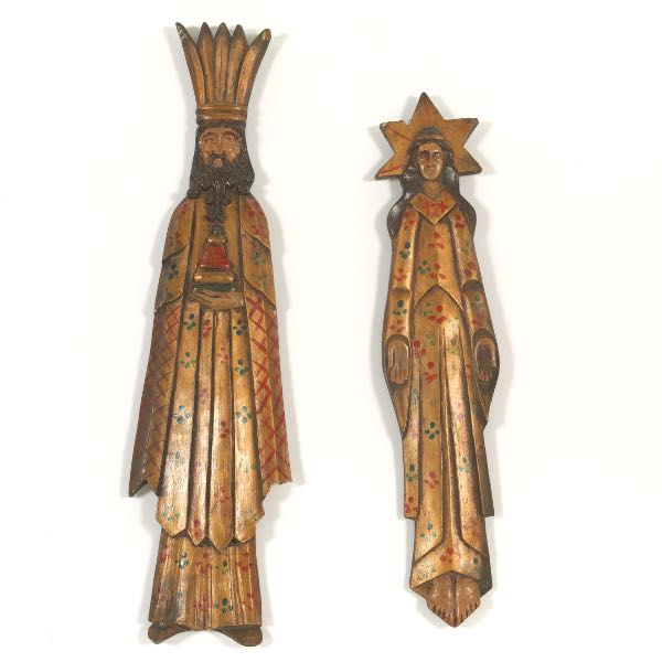 TWO PAINTED FIGURAL WALL PLAQUES