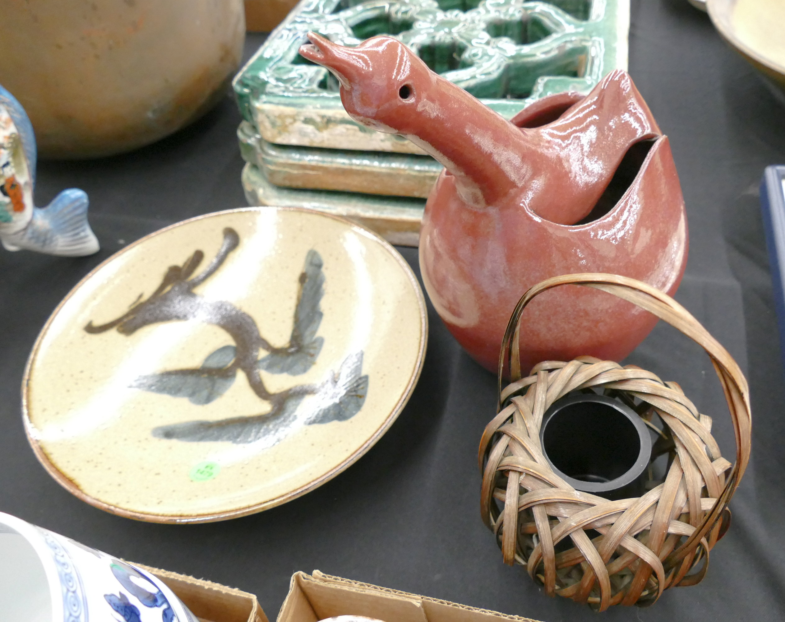 3pc Japanese Mingei Pottery & Basket-