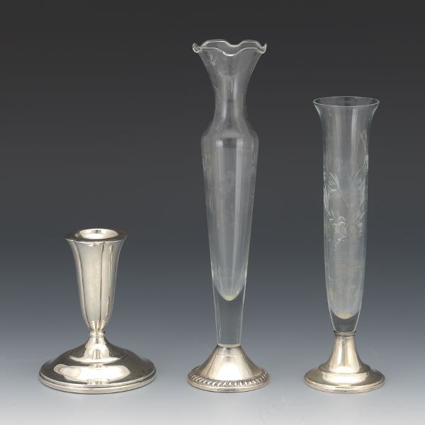 TWO STERLING AND GLASS BUD VASES