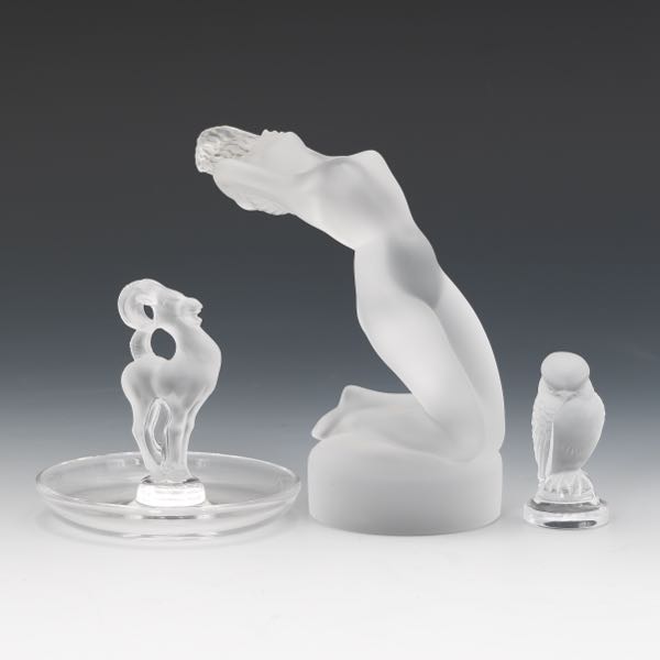 THREE LALIQUE CRYSTAL TABLE ARTICLES