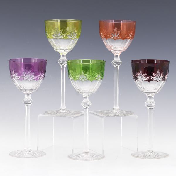 FIVE BOHEMIAN MULTICOLOR CRYSTAL WINE