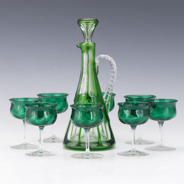 GREEN GLASS ICE WINE DECANTER AND EIGHT