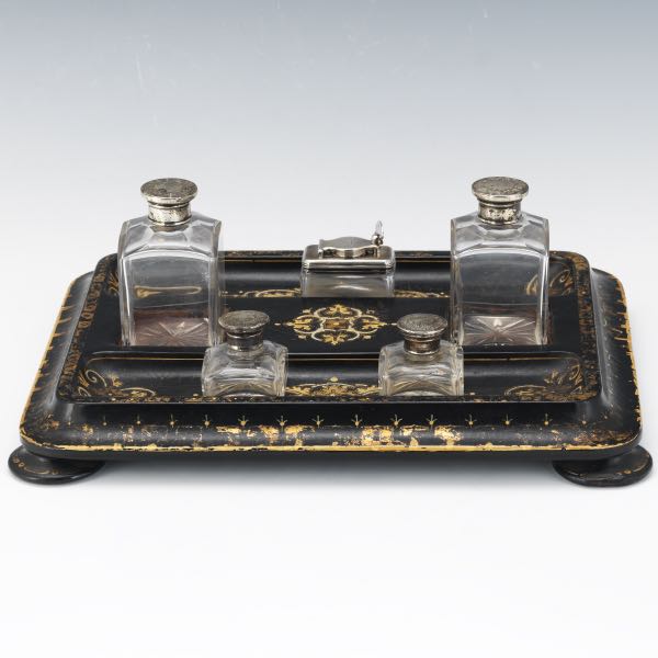ANTIQUE STANDISH  Four glass inkwells,
