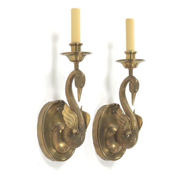 PAIR OF PATINATED BRONZE SWAN SCONCES 2afff9