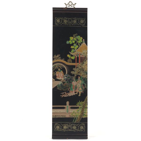 CHINESE CARVED WOOD, BLACK LACQUER