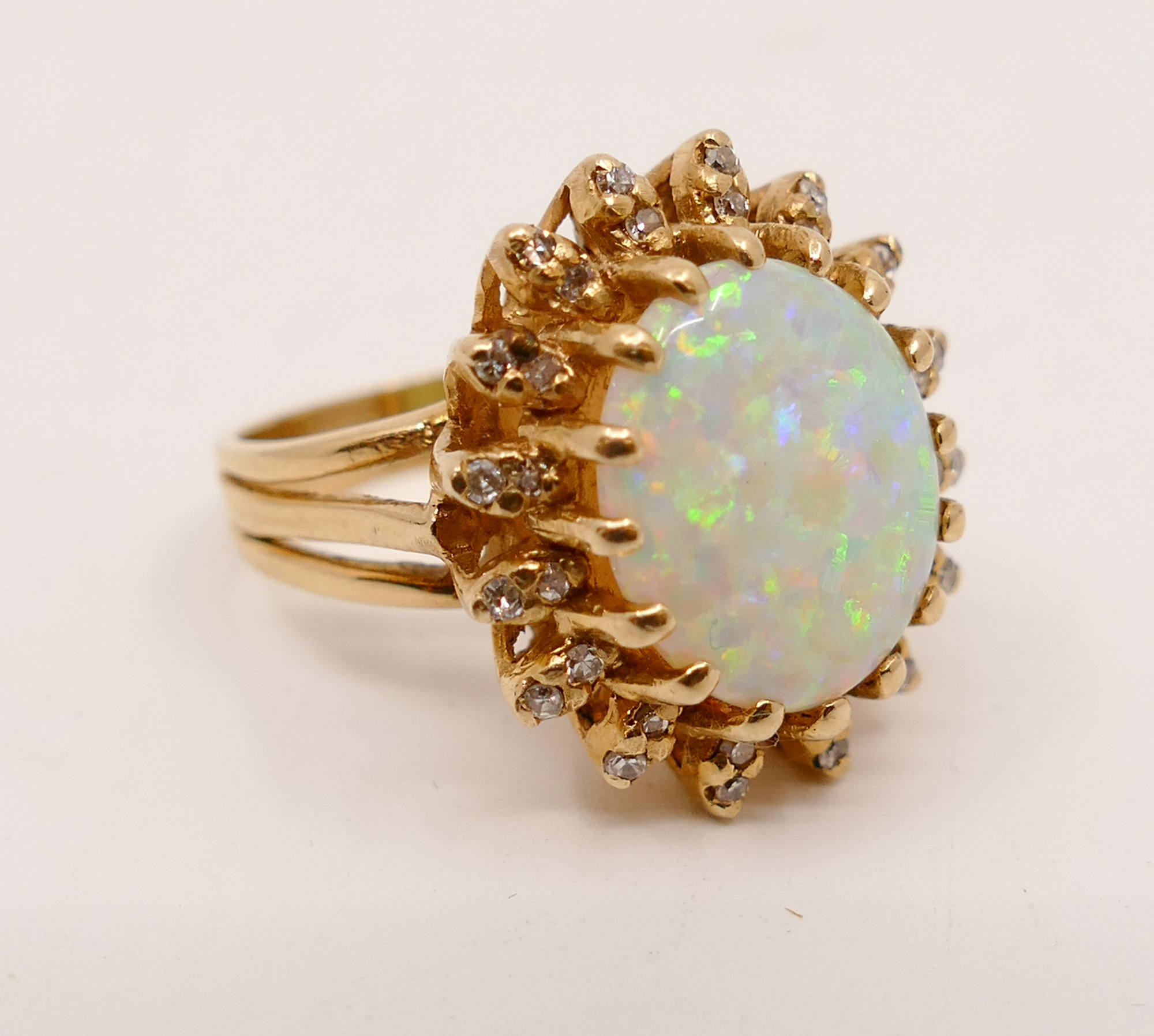 14K White Opal Cabochon & Diamond