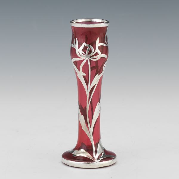 RUBY BUD VASE WITH STERLING OVERLAY 2b0367