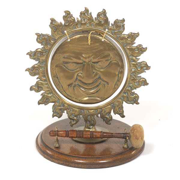 PATINATED BRASS AND WOOD SUN FACE GONG