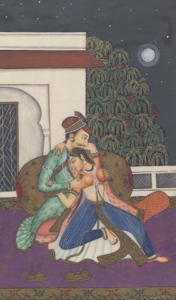 MUGHAL PAINTING OF TWO LOVERS IN A COURTYARD