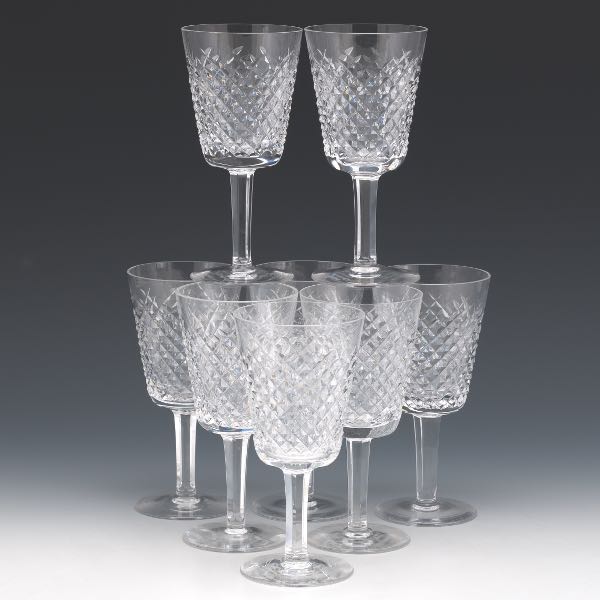 EIGHT WATERFORD CRYSTAL WHITE WINE GLASSES,