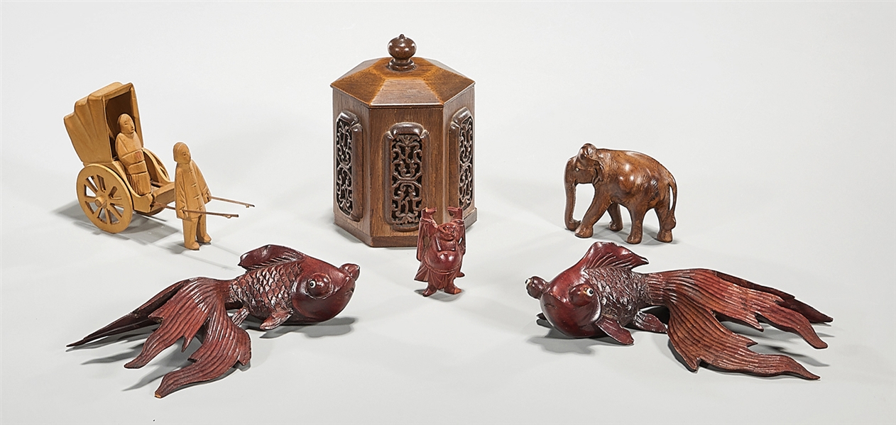 Six Chinese and Japanese wood carvings;