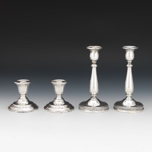 TWO PAIR STERLING SILVER CANDLESTICKS,