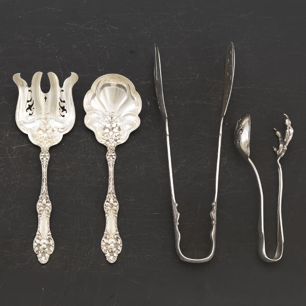 FOUR STERLING AND COIN SILVER UTENSILS,