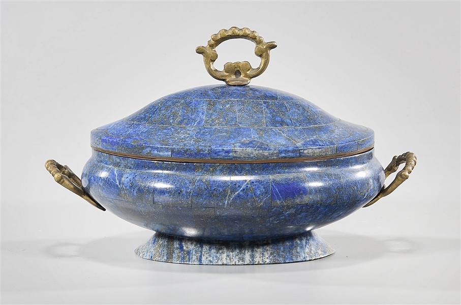 Vintage lapis lazuli covered dish;