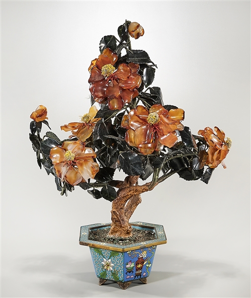 Chinese hardstone tree with flowers;