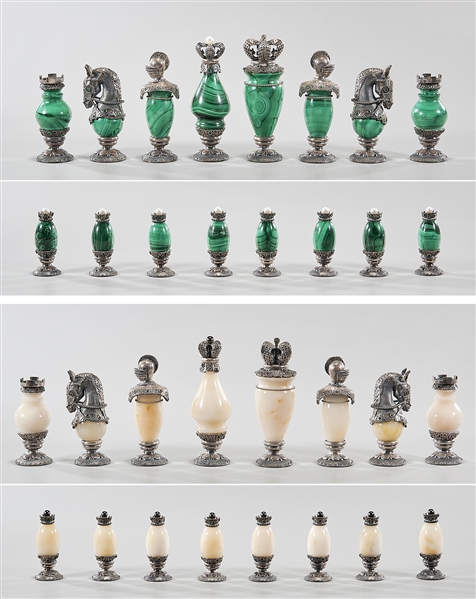 Set of 16 malachite and stone chess