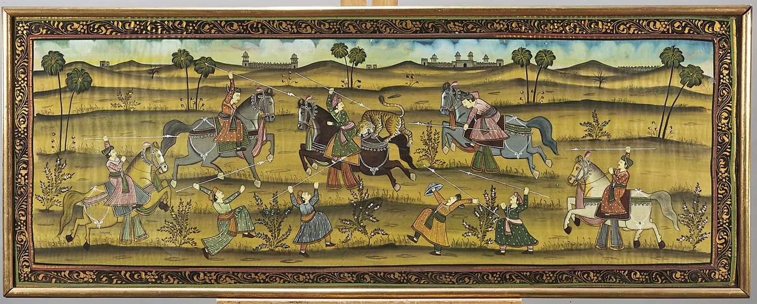 Indian painting on silk of a tiger hunt;