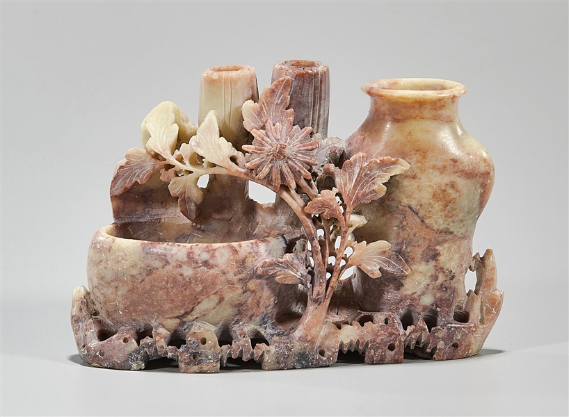 Chinese carved soapstone vase group;