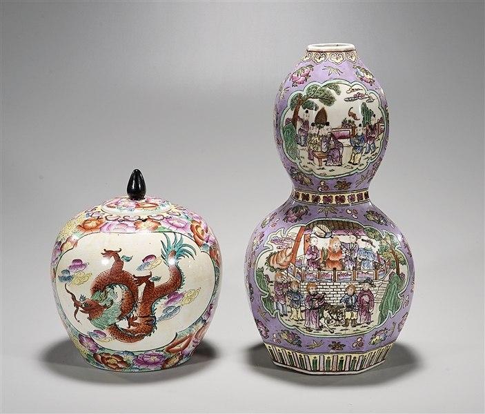 one covered ginger jar, one octagonal