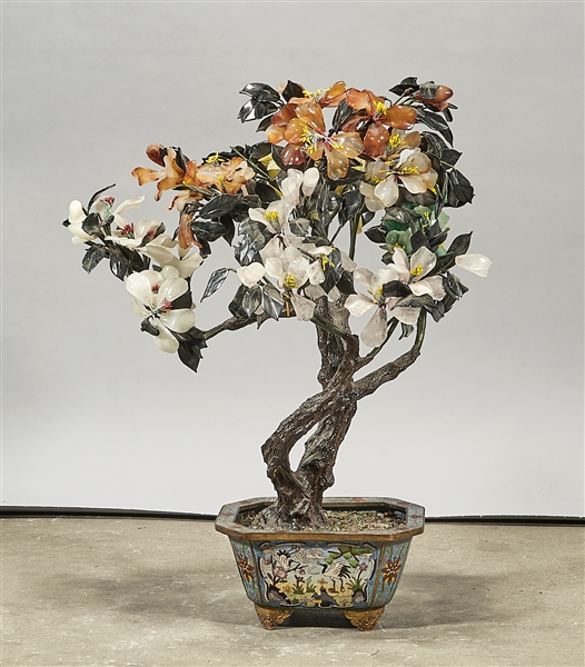 Chinese hardstone tree; cloisonne