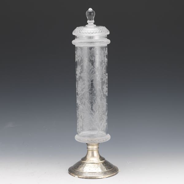 GORHAM STERLING AND GLASS LIDDED VASE,