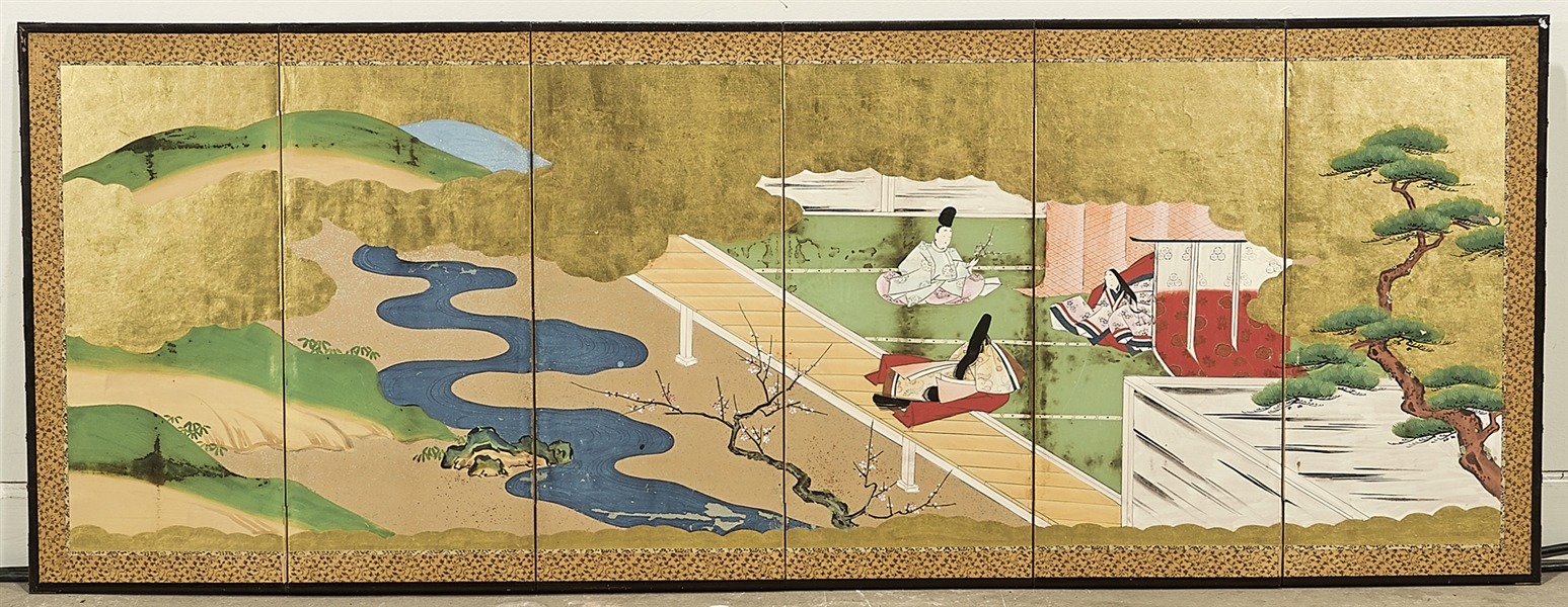 Antique Japanese six-panel painted
