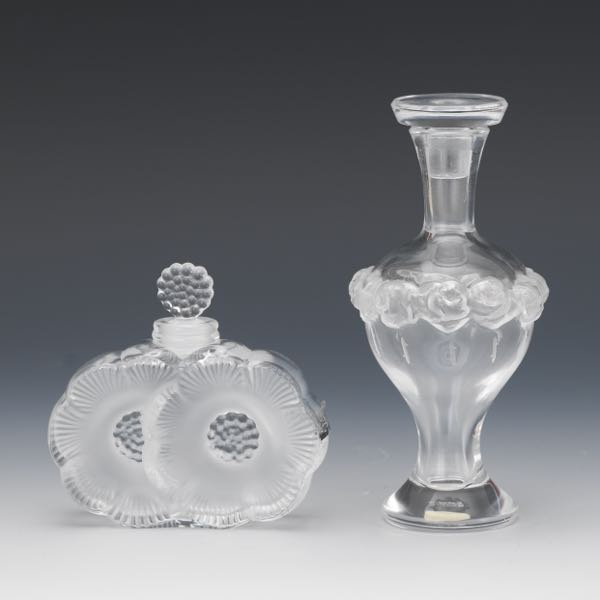TWO LALIQUE CRYSTAL PERFUME BOTTLES,