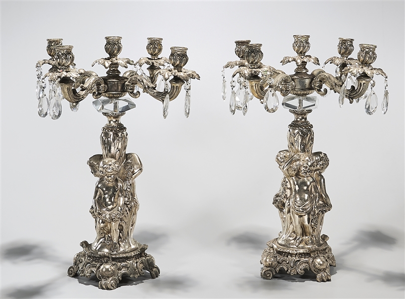 Pair of metal five light candelabra