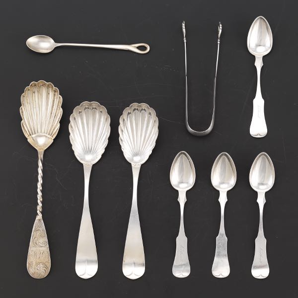 GROUP OF COIN SILVER FLATWARE AND