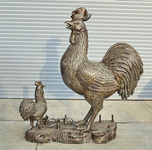 Large bronze rooster, with smaller rooster,